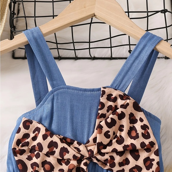 Toddler Kids Girl Leopard Bow Bell-Bottom Jumpsuit Romper Overalls Pants Outfit - Picture 3 of 5